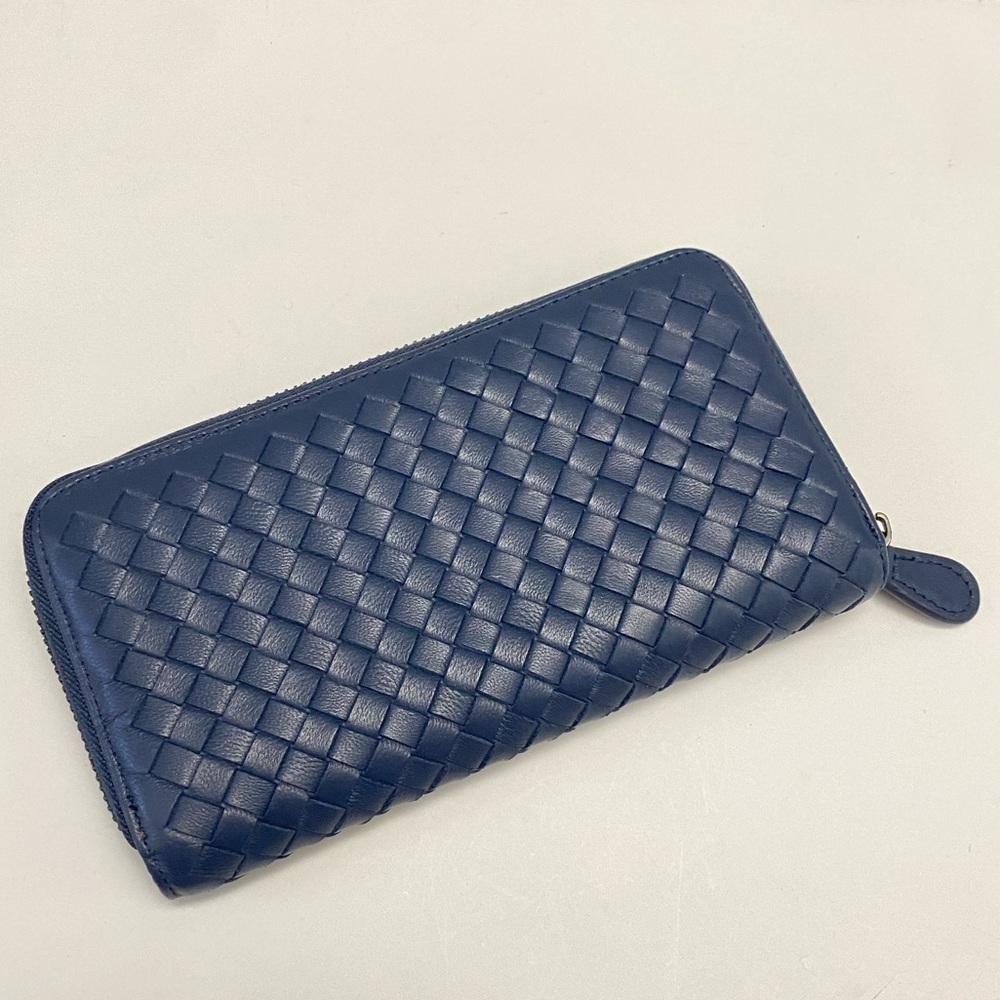 NEW Navy Blue Woven Leather Zip Around Long Wallet